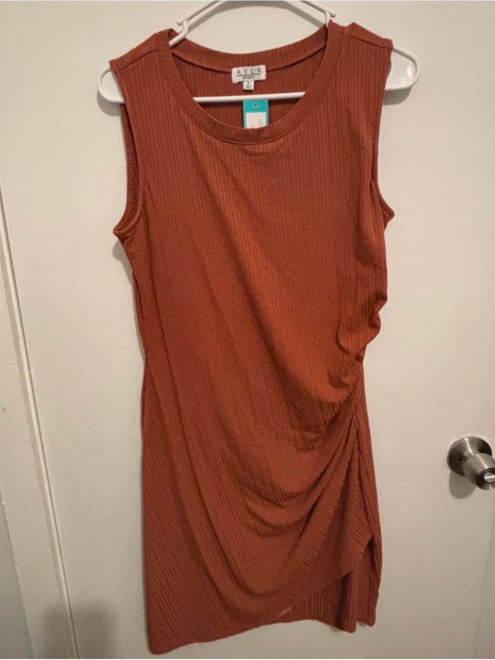Rust Ribbed Midi Dress with Side Ruching